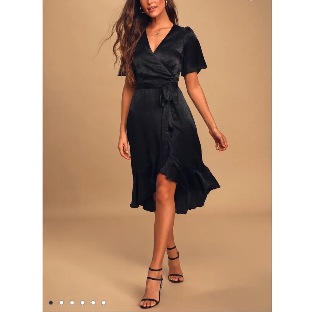 Lulu’s Wrapped Up In Love Black Satin Faux-Wrap Midi Dress M